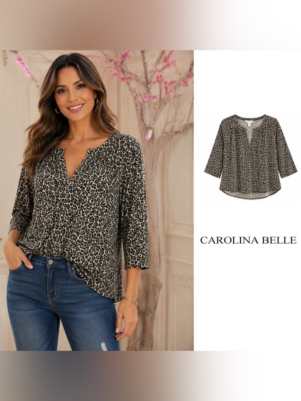 NEW Carolina Belle Leopard Print V-Neck Blouse Black/Tan